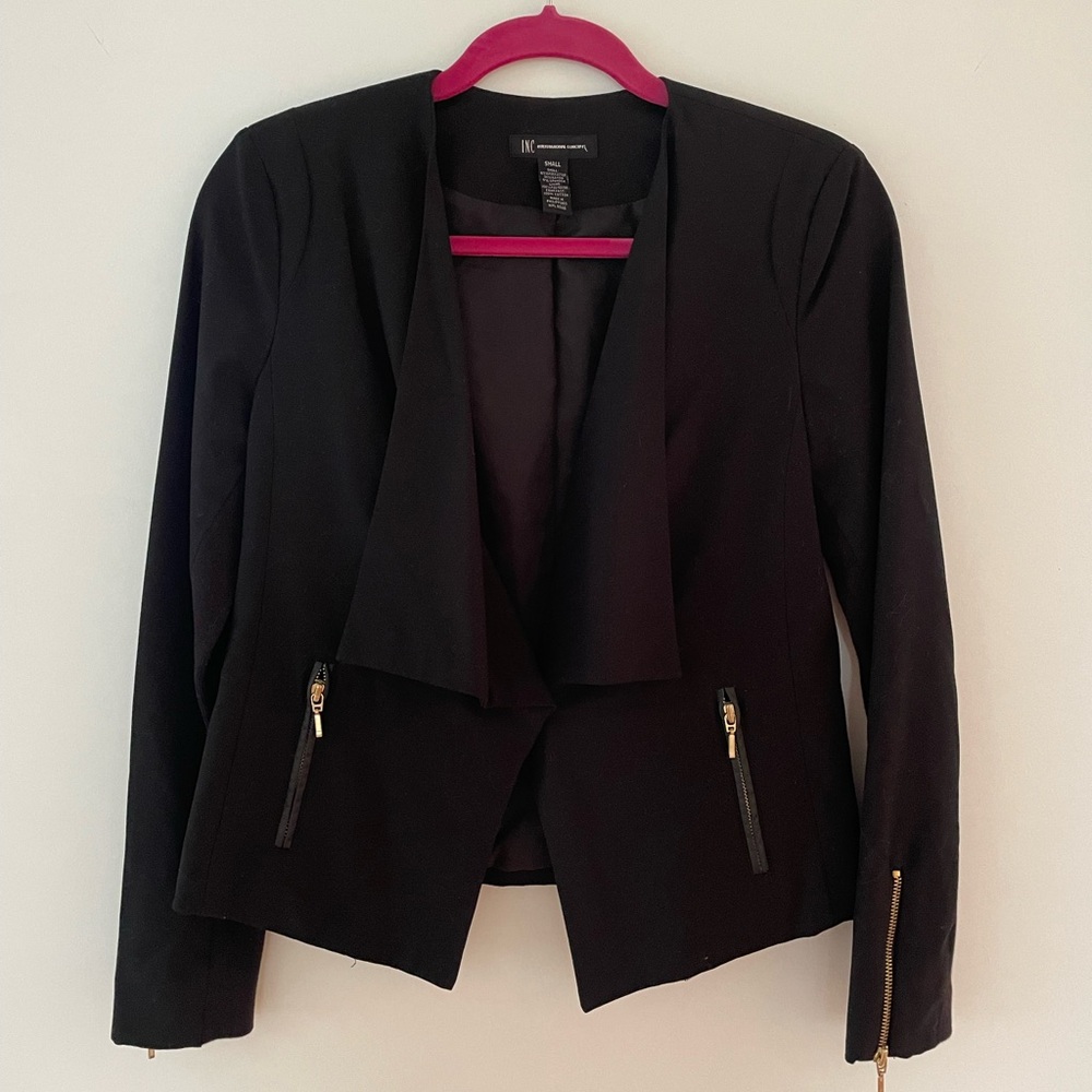 INC black blazer. Size S. Like new. Gold zippers with faux leather on pockets.